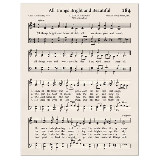 All Things Bright and Beautiful - Christian Fabric, Hymn Wall Art, Antique Sheet Music, Lyrics, Quilting