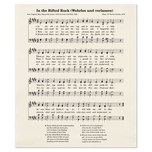 Hymn Wall Art - In The Rifted Rock, Wehrlos und verlassen, Christian Fabric, Antique Sheet Music, Quilting