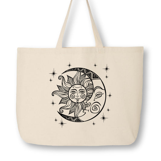 Sun and Moon Print, Canvas Tote Bag with Zipper, Fabric Tote Bag