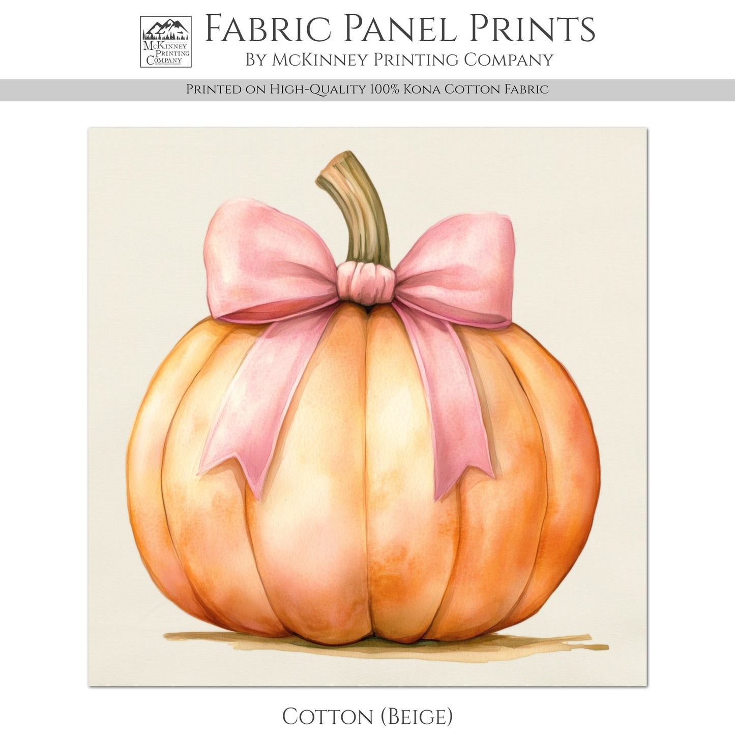 Pumpkin Fabric - Fall Fabric Panel, Watercolor, Autumn Décor, Cotton Print, Quilt Block, Pink, Bow