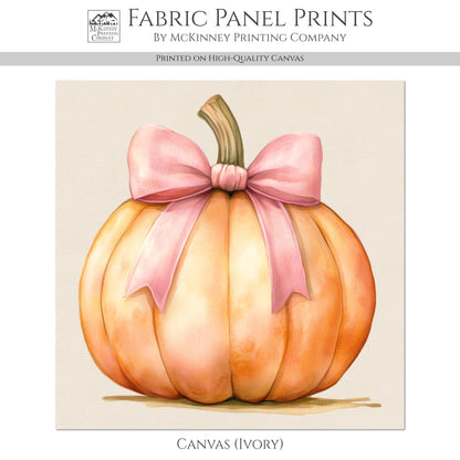 Pumpkin Fabric - Fall Fabric Panel, Watercolor, Autumn Décor, Cotton Print, Quilt Block, Pink, Bow