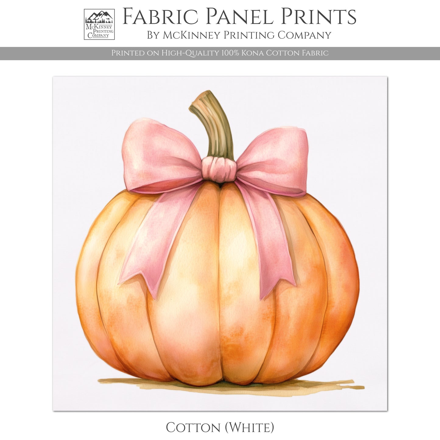 Pumpkin Fabric - Fall Fabric Panel, Watercolor, Autumn Décor, Cotton Print, Quilt Block, Pink, Bow