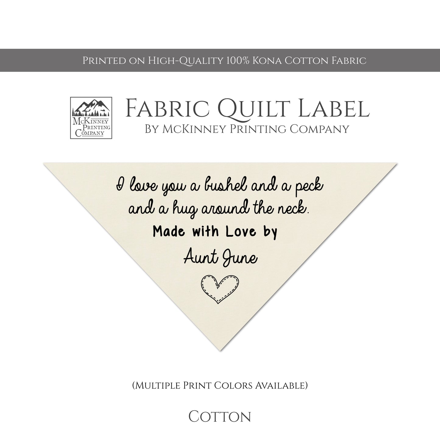 Corner Quilt Label - Triangle - I Love you a bushel and a peck and a hug around the neck - Made with Love - Custom Name - Kona Cotton Fabric