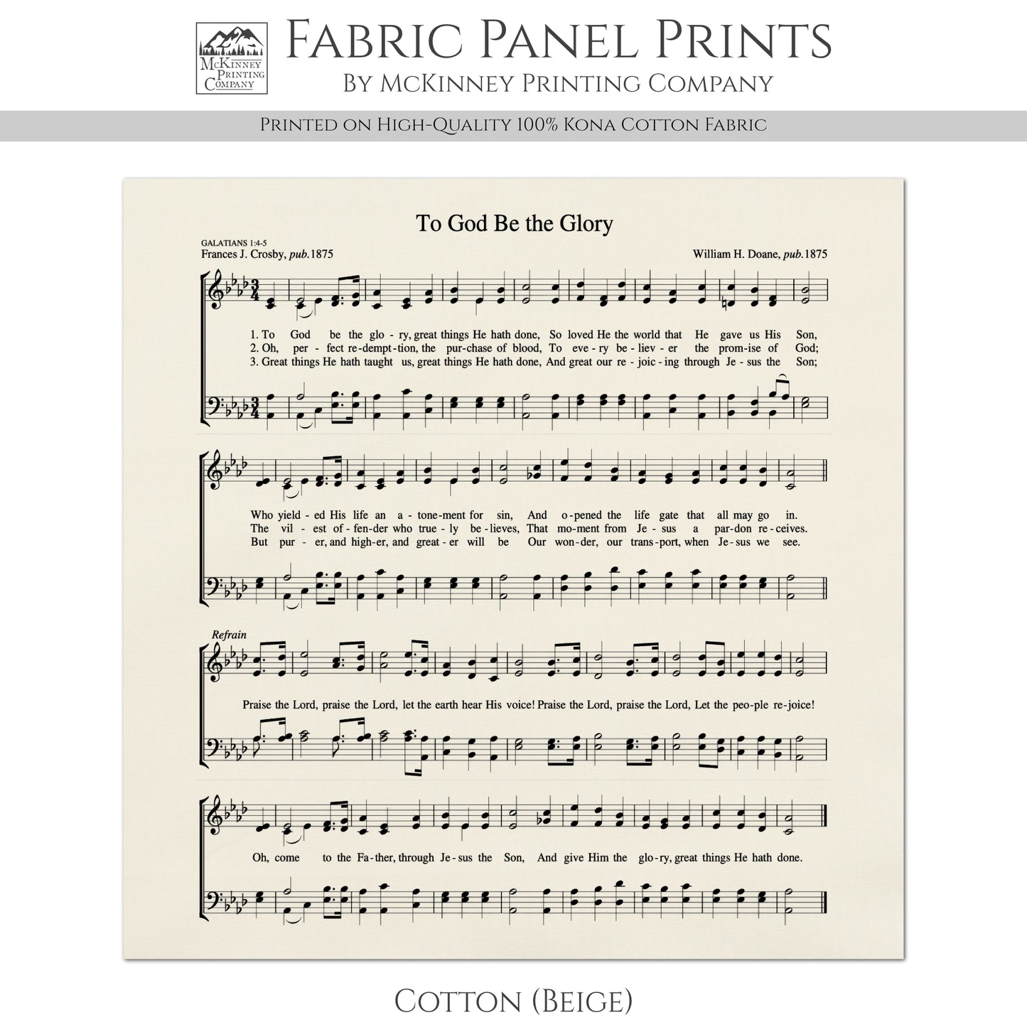 To God Be the Glory - Christian Fabric, Hymn Wall Art, Antique Sheet Music, Lyrics, Quilting