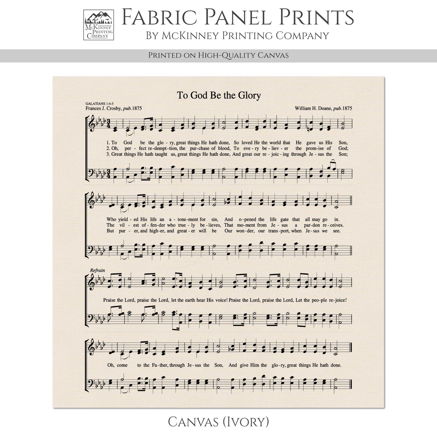 To God Be the Glory - Christian Fabric, Hymn Wall Art, Antique Sheet Music, Lyrics, Quilting