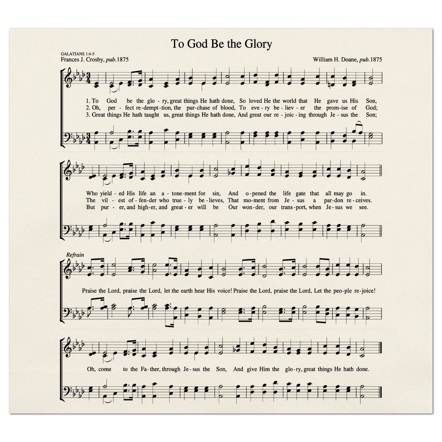 To God Be the Glory - Christian Fabric, Hymn Wall Art, Antique Sheet Music, Lyrics, Quilting