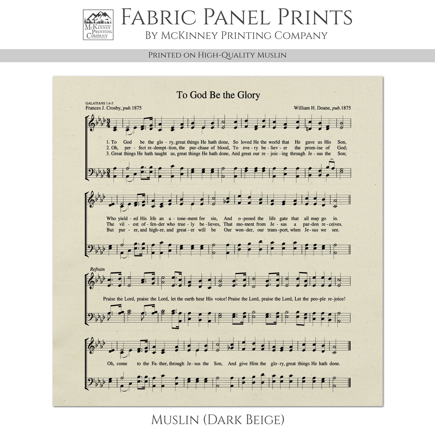 To God Be the Glory - Christian Fabric, Hymn Wall Art, Antique Sheet Music, Lyrics, Quilting