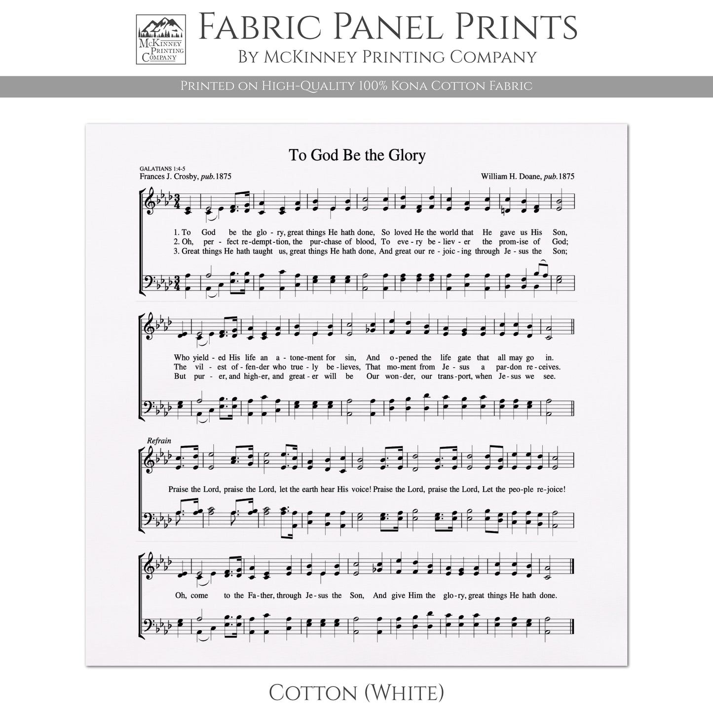 To God Be the Glory - Christian Fabric, Hymn Wall Art, Antique Sheet Music, Lyrics, Quilting