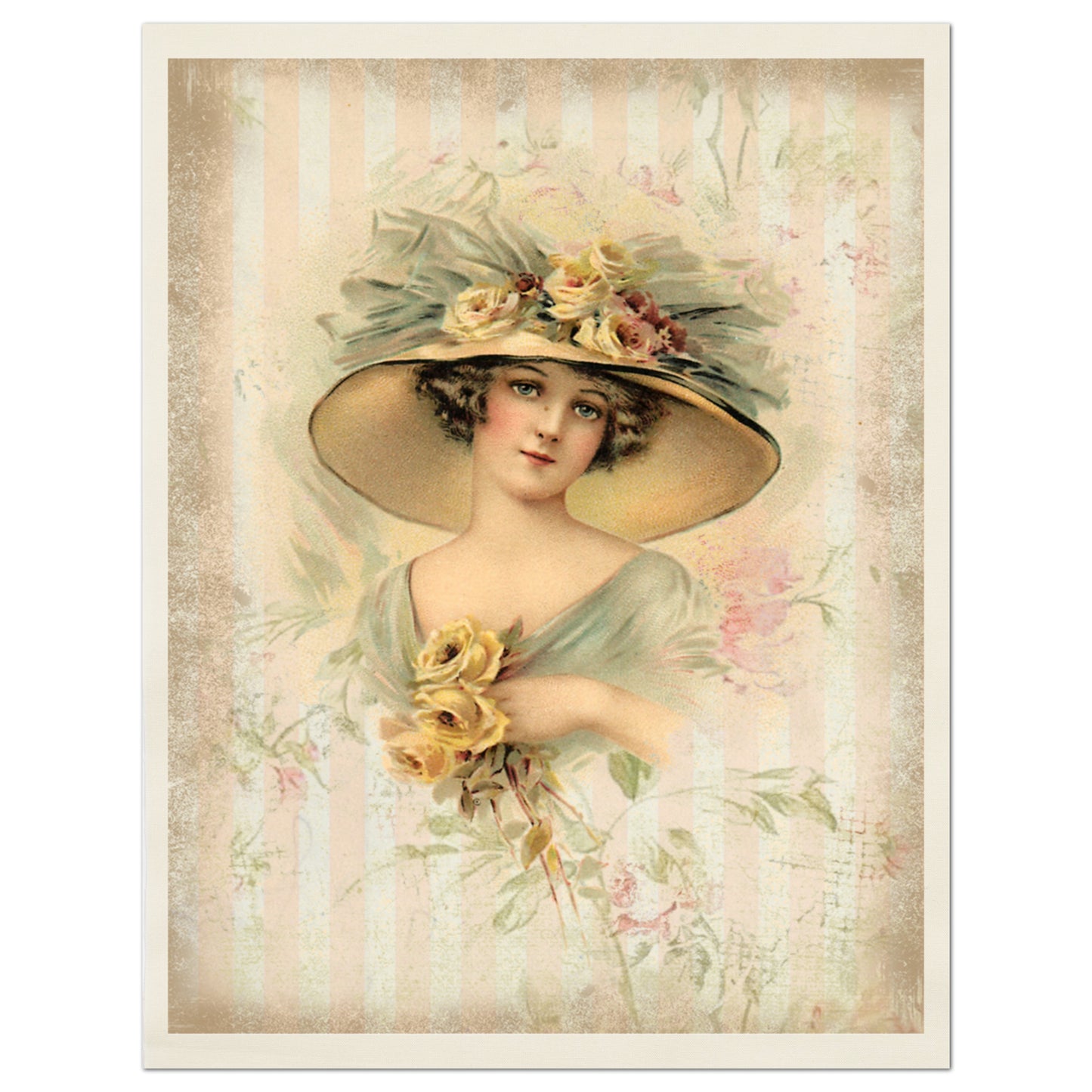 Woman in Victorian Dress with Hat, Vintage, Antique, Orange with French Floral Roses