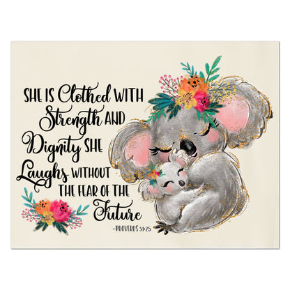 She is clothed with strength and dignity, she laughs without the fear of the future. - Proverbs 31:25 - Baby Fabric Panels, Quilt Block, Fabric Panel Print