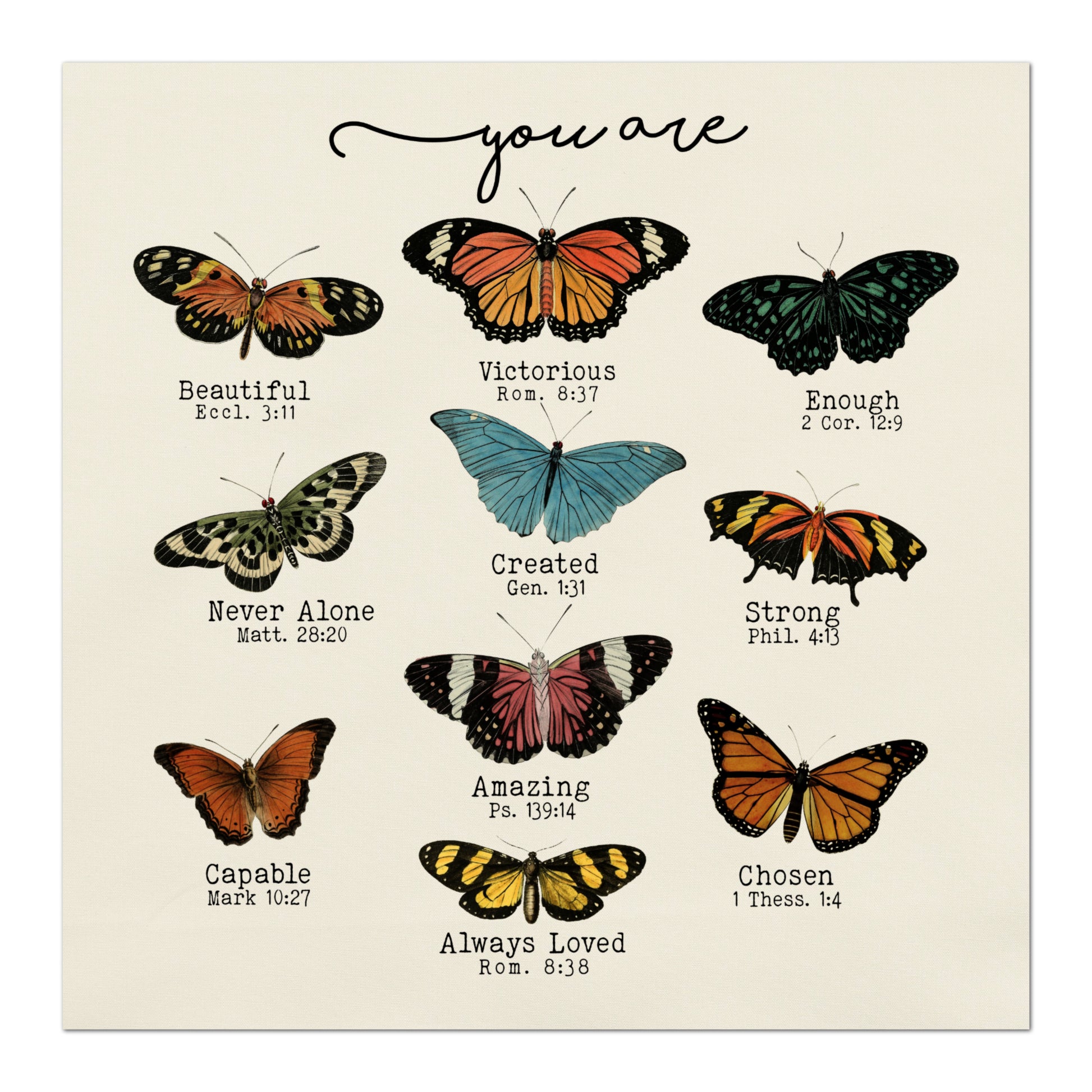 Scripture Fabric, Motivational, Bible Verses, Butterfly, Butterflies, Beautiful, Victorious, Enough, Never Alone, Created, Strong, Amazing, Chosen, Capable, Always Loved