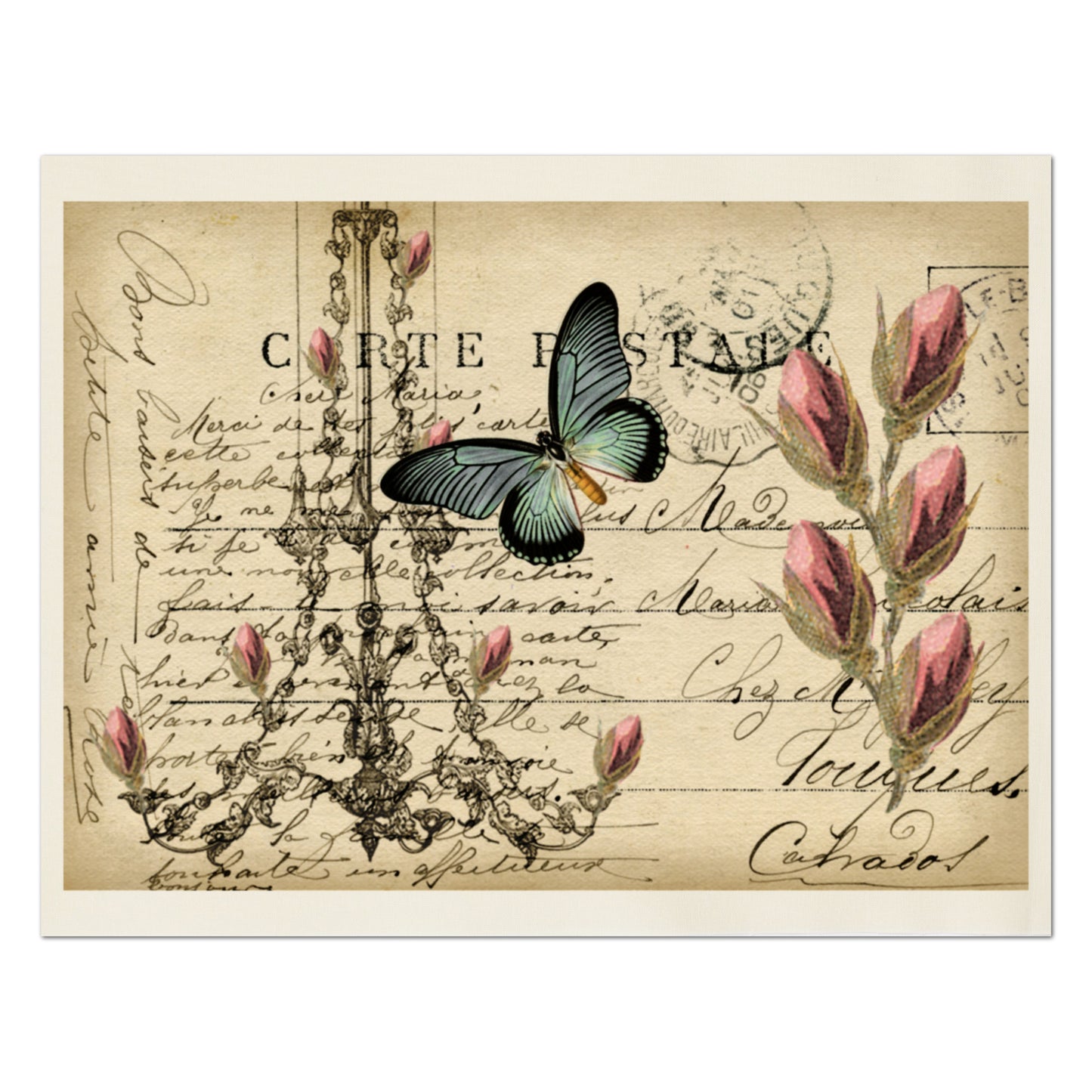 Butterfly Fabric, Shabby Chic Fabric, Bee, Vintage, Post Card, French