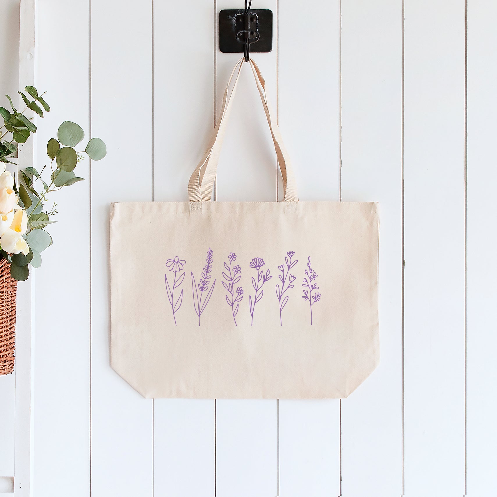 Butterfly and Flowers Large Canvas Tote Bag