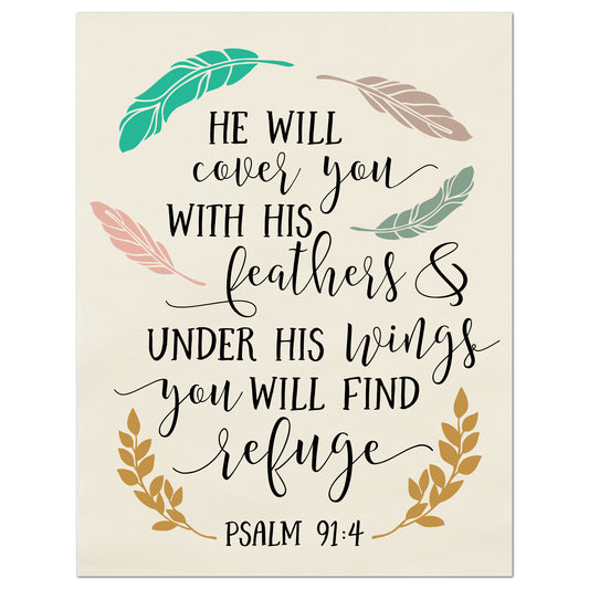 He will cover you with His feathers and under His wings you will find refuge - Psalm 91:4 - Fabric Panel Print, Quilt Block, Scripture Fabric 